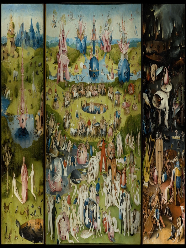 These three panels present Hieronymus Bosch's concepts of pleasure in the three realms of the divine (Eden, depicted in leftmost panel), the earthly (center), and the infernal temptations existing in the darkest depths of the human soul and beyond (rightmost panel).